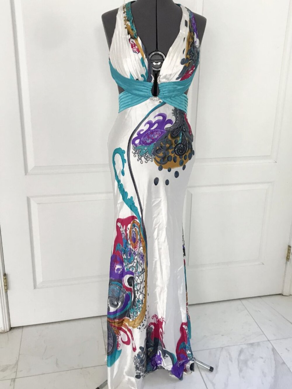 Vintage Cache Mermaid Evening Gown in Teal, White, Purple & Pink, Size 8